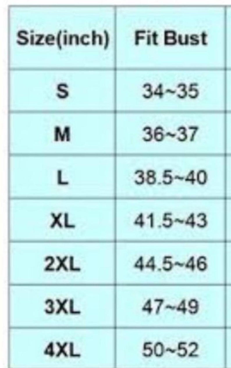 May include: A size chart with measurements in inches for bust sizes, ranging from S to 4XL. The chart includes bust measurements from 34 to 52 inches. The text is in black on a light blue background.