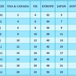 May include: A size chart with a light blue background and white text. The chart compares sizes from USA & Canada, UK, Europe, Japan, and Australia. Sizes range from 34 (XXS) to 52 (5XL).