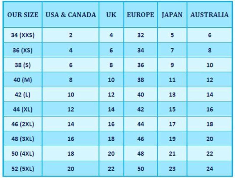 May include: A size chart with a light blue background and white text. The chart compares sizes from USA & Canada, UK, Europe, Japan, and Australia. Sizes range from 34 (XXS) to 52 (5XL).