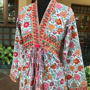 Indian Block Print Cotton Maxi Dress for women. Multicolored Floral pattern on White  base. XXS-4XL
