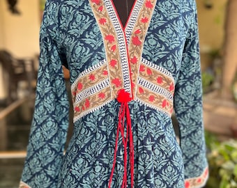 Cotton Block Print  Dress: Floral Indigo Design,Artisanal dress. Jaipur dress , Made in India
