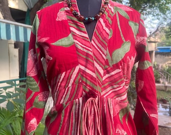 Red Cotton Maxi Dress,/Floral Block Print Indian Robe, Hand Block Printed  dress / Cotton / Artisan / Indian Textile / Fall Transitional