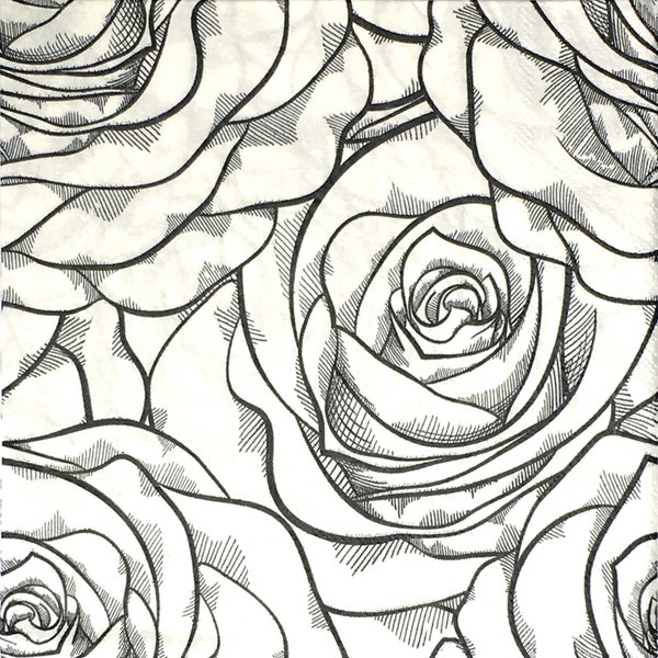 4 Black White Line Art Rose Paper Lunch Napkin - SERVIETTE pour DECOUPAGE