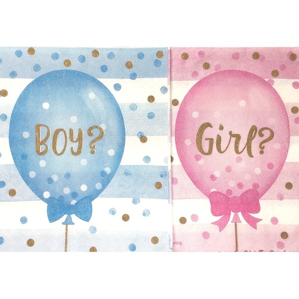 4 Gender Reveal Decoupage Paper Napkin / Boy Girl Balloon Cocktail Napkin / Pink and Blue Tissue Paper / Serviettes