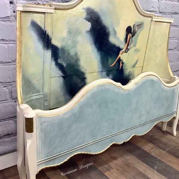 SALE***vintage Bed Frame/Customized antique Bed/Hand-painted Full size Bed/Angel in the Clouds