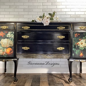 Sideboard-buffet- 2 doors-credenza-storage-cabinets-with-deep drawers-Credenza- Floral-Adorned Antique Black Buffet - Hand-painted Buffet