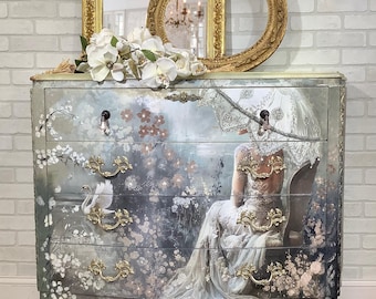 French Bombe Secretary Desk, Hand-Painted Parisian Fantasy Decoupage, Marble Top Dresser