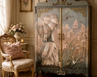 May include: A vintage-style armoire with a painted scene of a woman with a parasol in a field of tall grass. The armoire is painted in shades of blue and green with gold accents. A gold-framed chair and a floral arrangement are also visible.