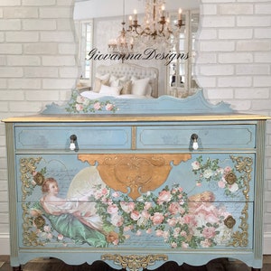 NEW***Vintage Dresser/ Chest of Drawers/ Dresser with Angels/Bureau/Lowboy/BedroomFurniture/Hand Painted/Credenza/Storage