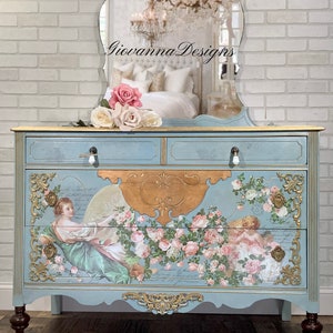 French Style Vintage Dresser with Cherubs/Chest of Drawers/ Dresser with Angels/Bureau/Lowboy/BedroomFurniture/Hand Painted/Credenza/Storage