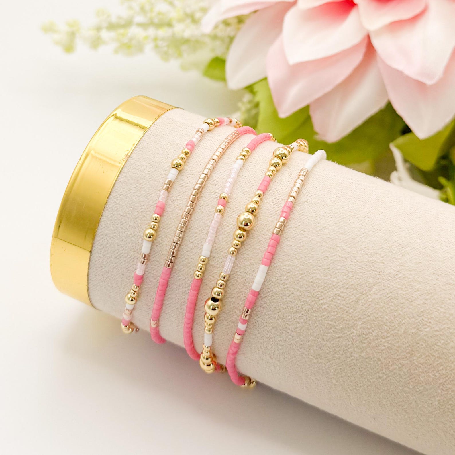 Pretty & Pink | 18k Gold Filled With Pink and White Bracelet Stack ...