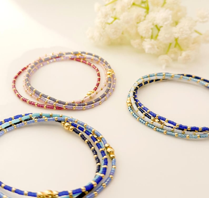 Summer seed bead stacking bracelet | 18k gold filled with colorful tiny beads | beaded stretch bracelet | seed bead | stackable stretch image 12