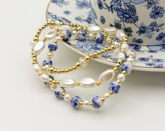 Blue floral bead  with Pearl and gold bracelet stack/ gold filled/ painted bead bracelet set/ Pearl bracelets / painted beads