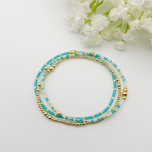 Teal Seed Bead Bracelet Stack | 18k Gold Filled Stretch Bracelets