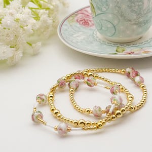 Floral pink and gold bead bracelet/ coquette bracelets /gold filled bead / bracelet stack /18k gold filled/gift stack/ white /Pearl
