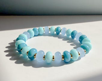 Ocean Blues Mix  | 18k Gold Filled with Blue, Soft Blue and Teal Flat Rondelle Beads | Colorful | Beaded Stretch Bracelet | Transparent bead