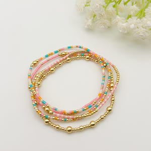 Summer Day | 18k gold filled with teal, pink & cream bracelet stack | beaded stretch bracelet | tiny bead bracelet | seed bead |bracelet set