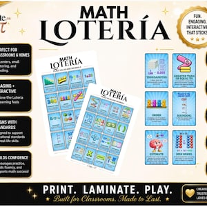 May include: Math Loteria educational game set featuring two game boards and six calling cards with place value and decimal concepts. The design includes black text on a cream background with gold accents, listing 63 calling cards, 2-30 players, and 4th-6th grade level. Text includes "Math Loteria," "Place Value and Decimals," and "Print. Laminate. Play."