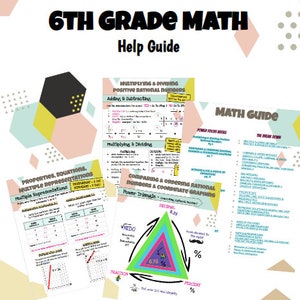 May include: A colourful guide for 6th grade maths, with sections on multiplying and dividing positive rational numbers, comparing and ordering rational numbers, and coordinate graphing. The guide includes a power triangle diagram with the words "fraction", "decimal", and "percent".