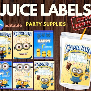 6 Minion Birthday Party Juice Label Templates - EDITABLE on CANVA