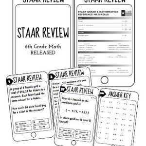 Op de afbeelding: Een set STAAR-oefenmateriaal voor wiskunde in de 6e klas. De materialen omvatten een naslagwerk, oefenvragen en een antwoordsleutel. De vragen behandelen onderwerpen als breuken, decimalen, meetkunde en algebra.