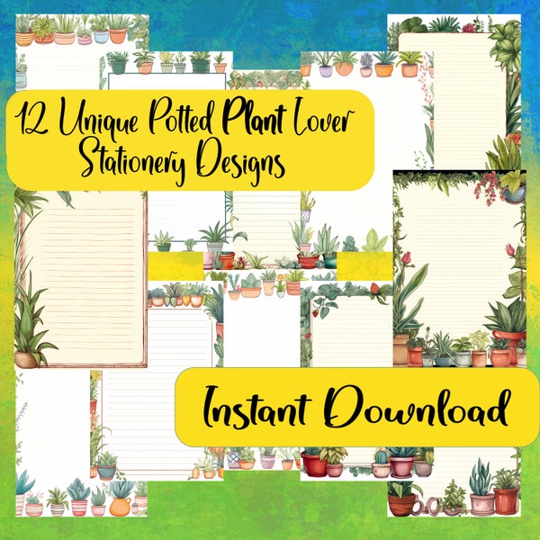 Printable Stationary Bundle, 12 Unique Potted Plant Designs, Exclusively for  Plant Lovers, Print at Home, Standard US Letter Size Page.