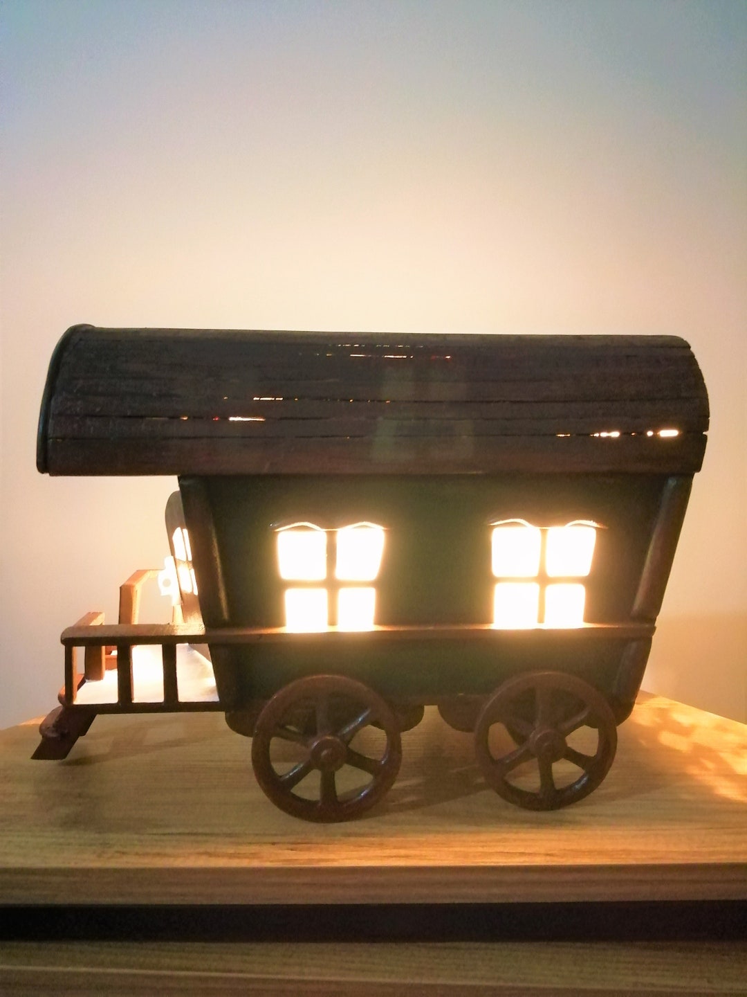 Wooden Wagon Night Light | Vintage Desk Lamp | Handmade Vardo Wagon ...