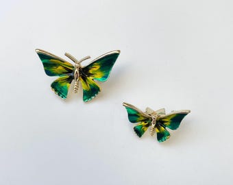 Set of 2 Vintage Green & Yellow Butterfly Brooches