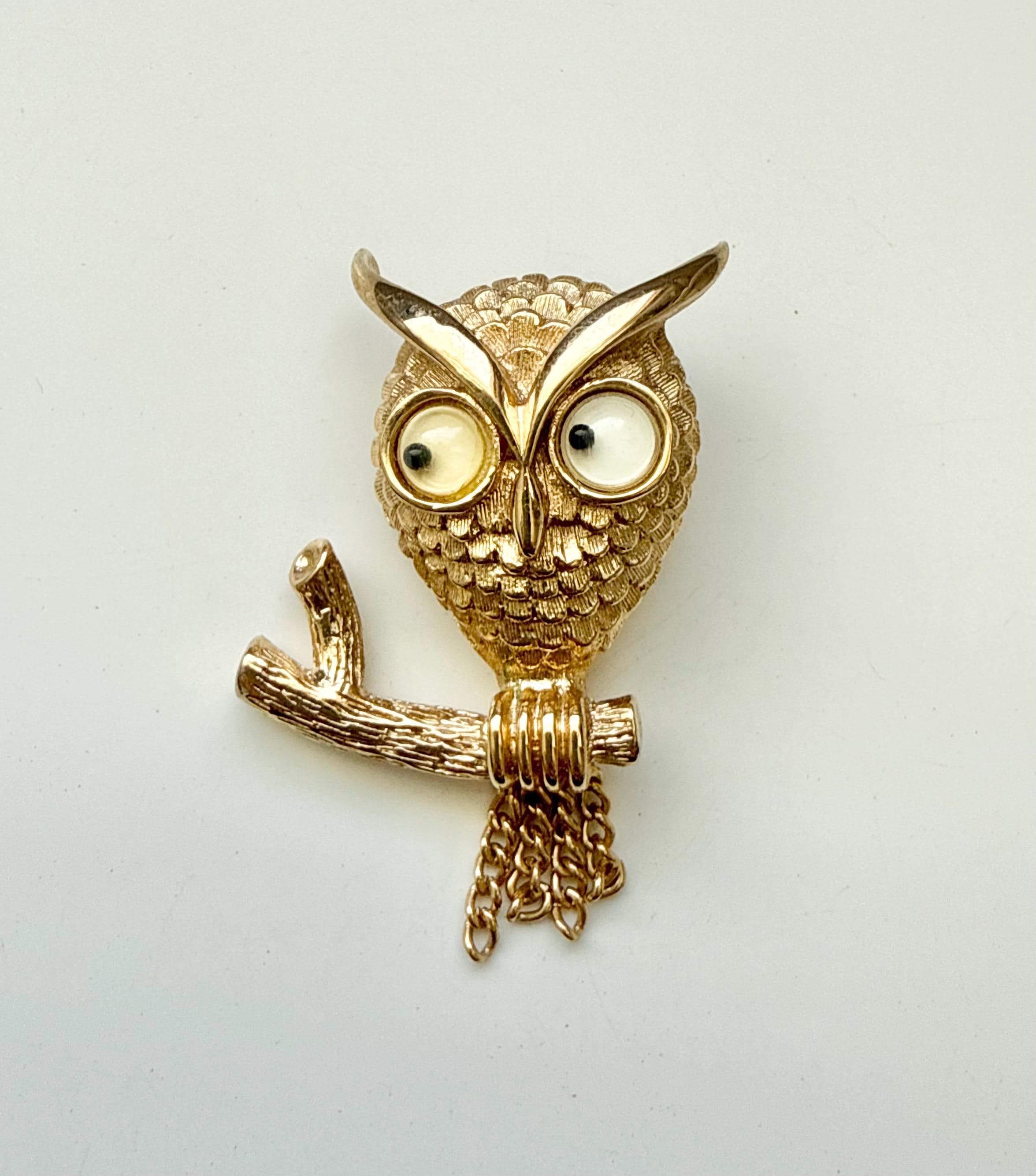 Vintage Avon Owl Brooch Googly Eyes With Branch Tassel Gold Tone