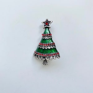 Green & Red Jeweled Christmas Tree Brooch
