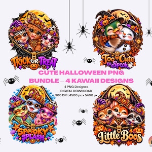 Könnte beinhalten: Ein digitales Set aus vier Halloween-Grafikdesigns mit kostümierten Zeichentricktieren, inklusive der Schriftzüge Trick or Treat, Too Cute to Spook, Spooky Splash und Little Boos sowie verstreuten Illustrationen schwarzer Spinnen.