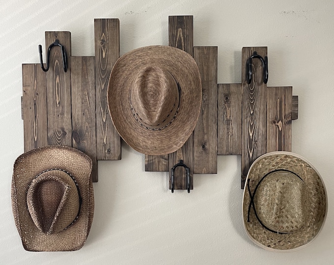Featured listing image: 6-Hat Cowboy Hat Rack | Cowgirl Hat Rack | Hat Rack | Adjustable Wooden Cowboy Hat Rack | Wooden Wall Decor | Traditional Cowboy Hat Rack