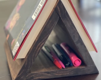 Rustic Wooden Book Stand: Triangle Bookmark, Nightstand Book Holder