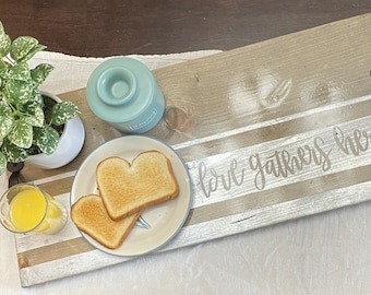 Love Gathers Here Wooden Serving Tray Farmhouse Rustic | Breakfast in Bed Tray | Wooden Kitchen Decor | Serving Display | Realtor Gifts