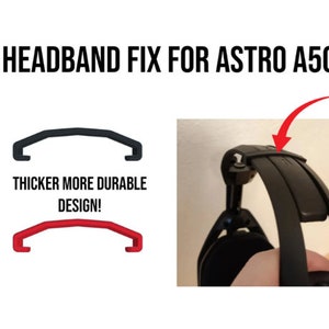 Puede incluir: Primer plano de una reparación de diadema negra para auriculares Astro A50. La diadema es más gruesa y duradera que la original. El texto "Thicker More Durable Design!" está impreso debajo de la diadema.