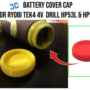 May include: Yellow and red 3D printed battery cover caps for a Ryobi Tek4 4V drill HP53L & HP54L. The caps are shown next to a drill with the battery compartment open.