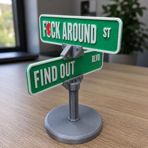 Può includere: Un cartello da scrivania stampato in 3D con due targhe stradali verdi e scritte bianche in rilievo. La targa superiore riporta FUCK AROUND ST con un accento rosso, quella inferiore FIND OUT BLVD. Il tutto è montato su un supporto grigio.