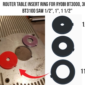 May include: A router table insert ring set for Ryobi BT3000, 3090, and BT3100 saws. The set includes three rings: 1/2", 1", and 1 1/2". The image shows the rings in red, purple, and black, with the sizes clearly labeled.