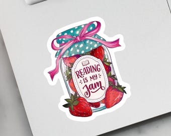 Reading is my Jam Sticker for Kindle, Bookish Decal for Water Bottle and Laptop, Booktok Stickers, Strawberry Sticker, FB003