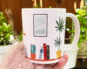 Ceramic Coffee Mug, Wrap Around Artwork Mug, Bookshelf Plant Decor Mug, Modern Office Mug, Gift for Book Lover