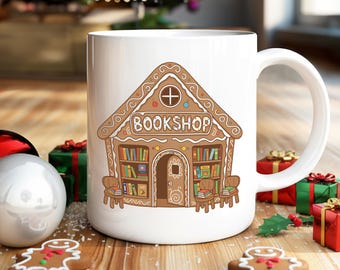 Bookish Christmas Mug, Gingerbread Bookshop Coffee Mug, Book Lover Mug, Gingerbread Christmas Mug, Book Lover Gift, Gifts for Readers