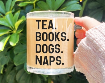 Tea Books Dogs Naps Mug, Bookish Glass Mugs, Book Lover Tea Cup, Funny Book Mug, Gift for Reader