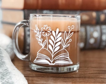 Bookish Floral Glass Mug, Floral Book Mug for Readers, Gift for Book Lovers, Flower Coffee Cup, Bookish Iced Coffee Cups, Gift for Reader