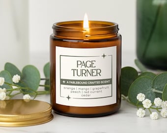 Bookish Amber Glass Candle, Page Turner Candle for Book Lovers, Gift for Book Lover, Home Library Decor