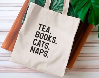 Tea Books Cats Naps Tote Bag, Bookish Tote Bag for Readers, Book Lover Tote, Gift for Readers, Library Book Bag