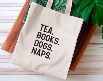 Tea Books Dogs Naps Canvas Tote Bag for Her, Book Tote Bag for Readers, Bookish Birthday Gifts for Readers, Canvas Library Book Bag