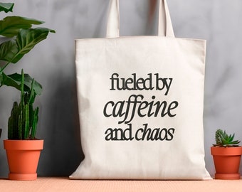 Fueled by Caffeine and Chaos Tote Bag, Gift for Writers, Library Canvas Book Bag, Funny Teacher Tote Bag for Her, Mom Tote Gift