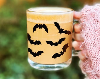 Bat Glass Coffee Mug, Spooky Halloween Iced Coffee Cup, Cute Bat Drinkware, Witchy Aesthetic Gift, Fall Pumpkin Latte Glass, FB032