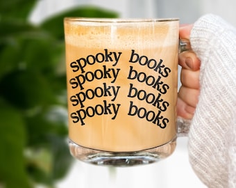 Spooky Books Glass Mug, Bookish Halloween Coffee Cup, Book Lover Gift, Fall Reading Mug, Booktok Iced Coffee Glass, FB033