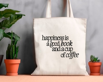 Books and Coffee Tote Bag, Happiness is a Good Book Canvas Bag, Bookish Gift for Reader, Aesthetic Library Bag